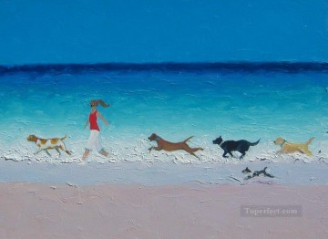  Riendo Pintura - Chica con perros corriendo en la playa Impresionismo infantil